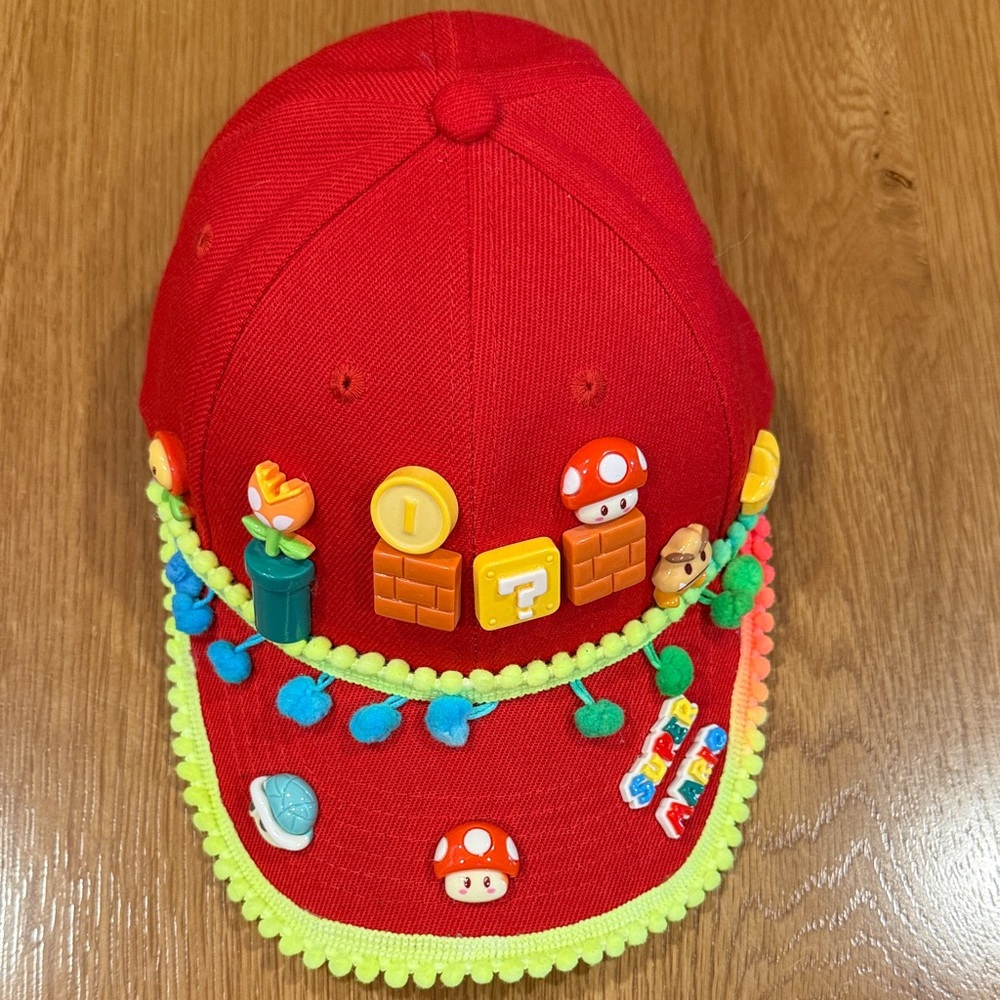 Red Kids Cap Super Mario with Colorful Decorations